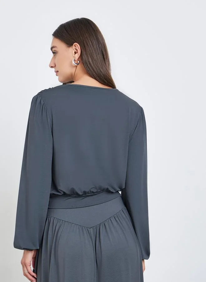 Styli  Grey Solid Top and Wide Waistband Skirt Co-ords for Women | Best Price UAE