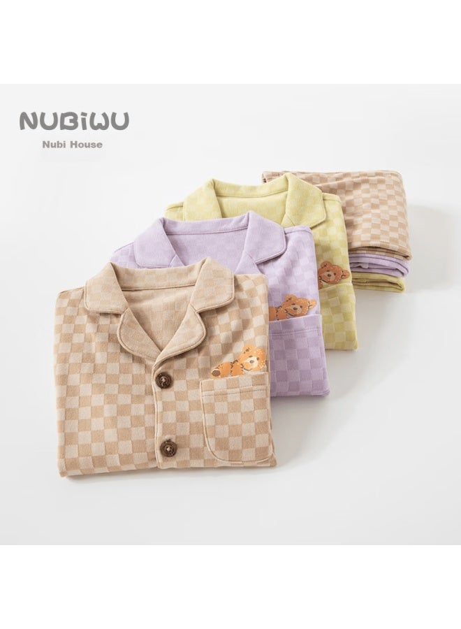 Nubiwu Children's Pajama Set, Boys' Autumn And Winter Long-sleeve Long Pants Two-piece Set, Girls' Spring And Autumn Lapel Loungewear - Image 2