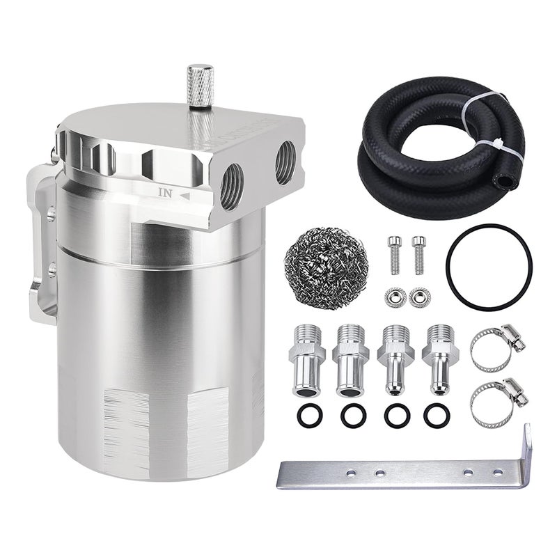 EVIL ENERGY Oil Catch Can Universal Baffled Catch Can Kit with NBR Fuel Hose 300ml Aluminum Air Oil Separator Tank for PCV System Silver