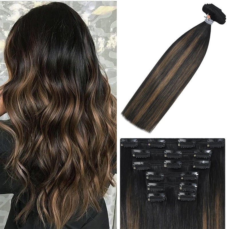 WindTouch Clip in Hair Extensions Real Human Hair 14inch 120g 7Pcs #1BT6P1B Ombre Natural Black to Chestnut Brown Balayage Hair Extensions Clip ins for Women, Human Hair Extensions - Image 1