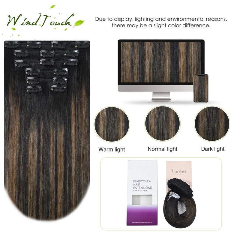 WindTouch Clip in Hair Extensions Real Human Hair 14inch 120g 7Pcs #1BT6P1B Ombre Natural Black to Chestnut Brown Balayage Hair Extensions Clip ins for Women, Human Hair Extensions - Image 4