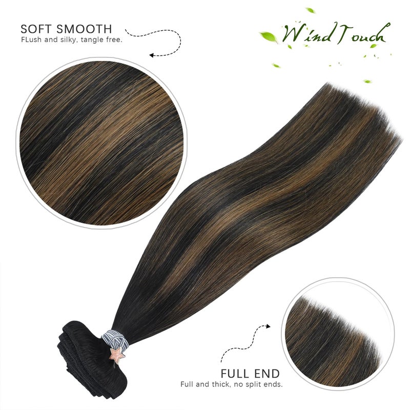WindTouch Clip in Hair Extensions Real Human Hair 14inch 120g 7Pcs #1BT6P1B Ombre Natural Black to Chestnut Brown Balayage Hair Extensions Clip ins for Women, Human Hair Extensions - Image 2