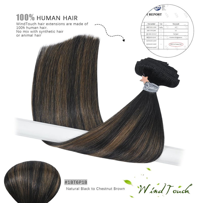 WindTouch Clip in Hair Extensions Real Human Hair 14inch 120g 7Pcs #1BT6P1B Ombre Natural Black to Chestnut Brown Balayage Hair Extensions Clip ins for Women, Human Hair Extensions - Image 5
