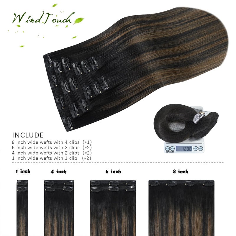 WindTouch Clip in Hair Extensions Real Human Hair 14inch 120g 7Pcs #1BT6P1B Ombre Natural Black to Chestnut Brown Balayage Hair Extensions Clip ins for Women, Human Hair Extensions - Image 3