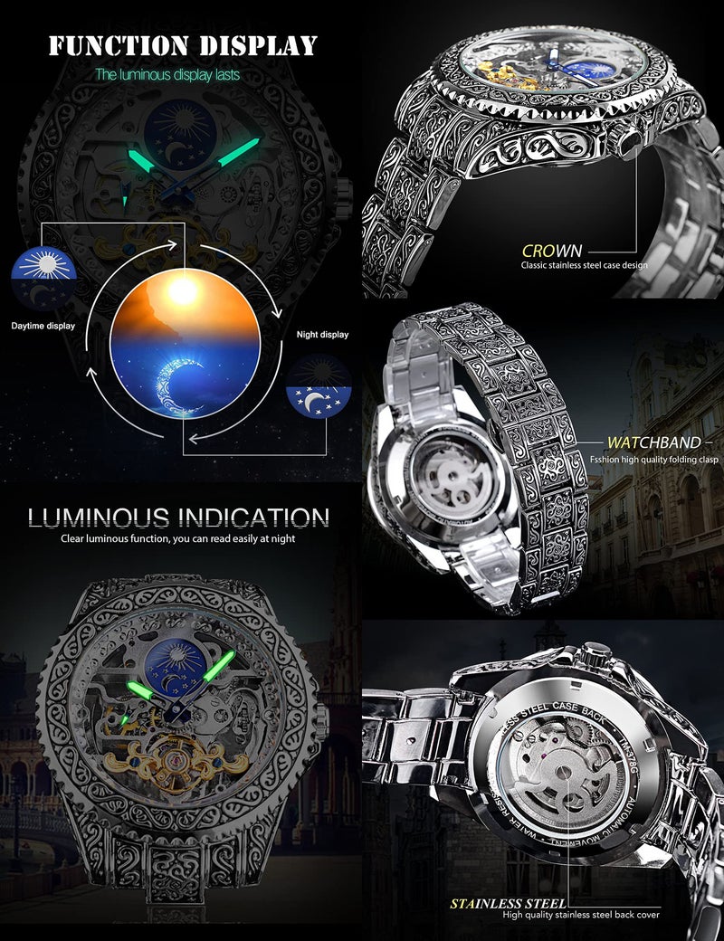 Watch for Men Carved Self-Wind Mechanical Tattoo Tourbillon Moon Phase Independent Seconds Skeleton Automatic Big Dial Wrist Watches - Image 4