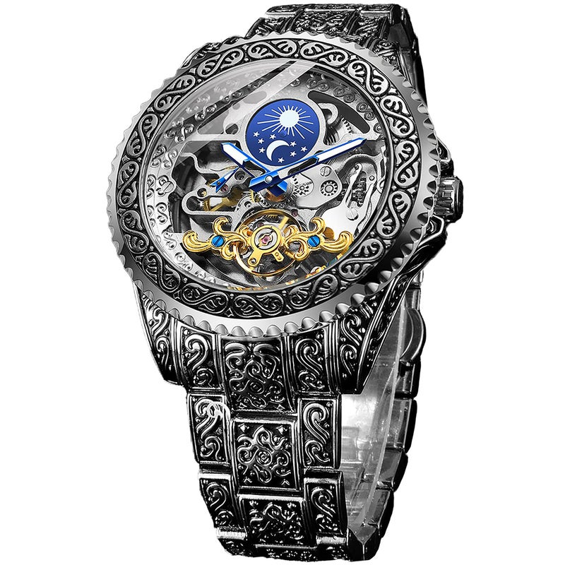 Watch for Men Carved Self-Wind Mechanical Tattoo Tourbillon Moon Phase Independent Seconds Skeleton Automatic Big Dial Wrist Watches - Image 1