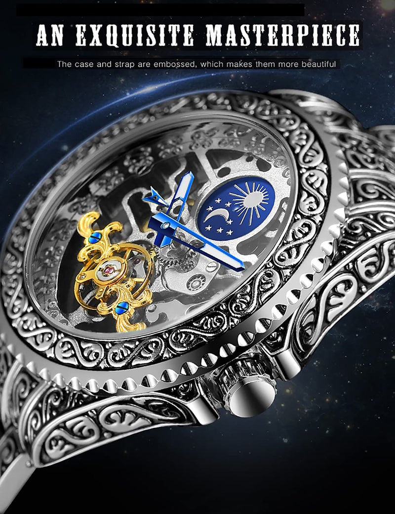Watch for Men Carved Self-Wind Mechanical Tattoo Tourbillon Moon Phase Independent Seconds Skeleton Automatic Big Dial Wrist Watches - Image 3
