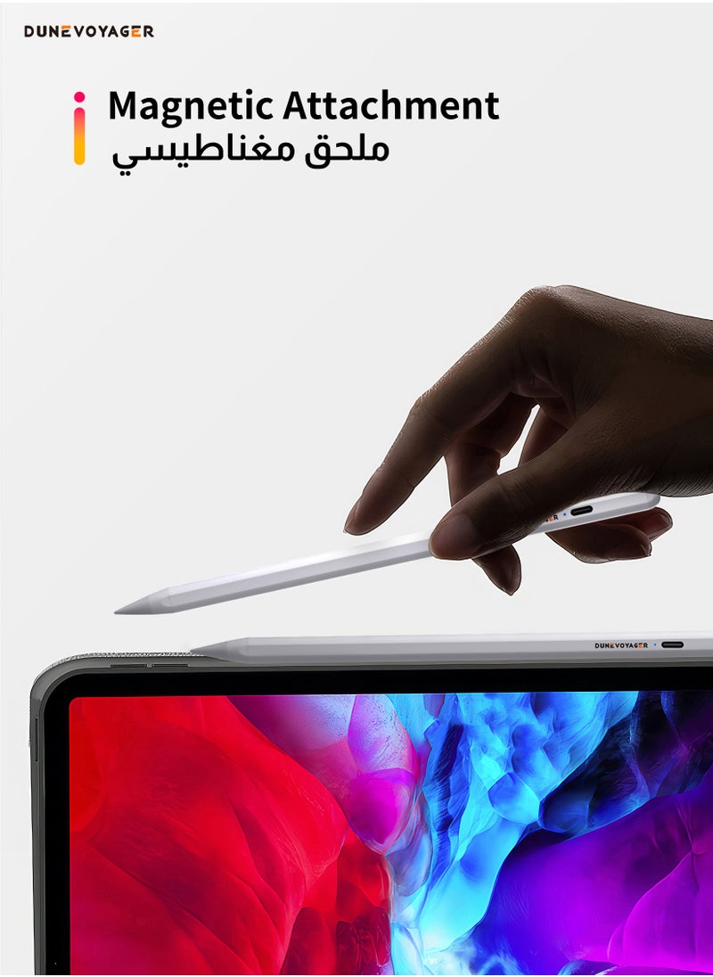 مسافر الكثبان قلم رقمي نشط Active Digital Stylus Pen Pencil Pro الجيل الثاني لقلم iPad مع شحن سريع ودقة عالية، أقلام رقمية متطورة للرسم والكتابة، مع وظيفة مقاومة لمسات راحة اليد. قلم نشط متوافق مع أجهزة Apple iPad (2018-2024) بما في ذلك iPad Pro بحجم 11/12.9 بوصة، وiPad الجيل 10/9/8/7/6، وiPad Air الجيل 5/4/3، وiPad Mini الجيل 5/6/7. أبيض  - Image 4