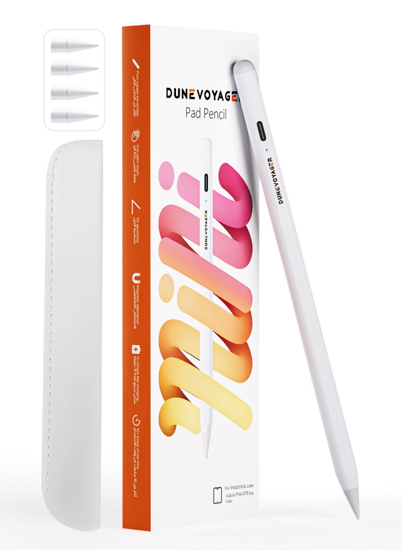 مسافر الكثبان قلم رقمي نشط Active Digital Stylus Pen Pencil Pro الجيل الثاني لقلم iPad مع شحن سريع ودقة عالية، أقلام رقمية متطورة للرسم والكتابة، مع وظيفة مقاومة لمسات راحة اليد. قلم نشط متوافق مع أجهزة Apple iPad (2018-2024) بما في ذلك iPad Pro بحجم 11/12.9 بوصة، وiPad الجيل 10/9/8/7/6، وiPad Air الجيل 5/4/3، وiPad Mini الجيل 5/6/7. أبيض  - Image 1