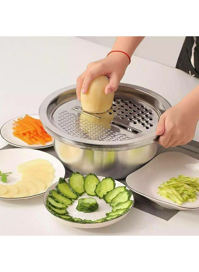 Heavy-Duty Stainless Steel Mixing Bowl Set with Integrated Grater Lid & Blades - Image 1