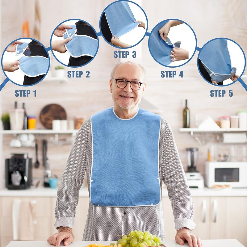 Boyiee Boyiee 12 Pcs Adult Bibs Bulk for Eating Waterproof Large Adult Bibs with Adjustable Snap Button Absorbent Washable Reusable Terry Bib Cloth Protector for Elderly Seniors Disabled Men Women  - Image 5
