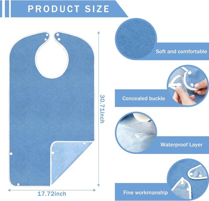Boyiee Boyiee 12 Pcs Adult Bibs Bulk for Eating Waterproof Large Adult Bibs with Adjustable Snap Button Absorbent Washable Reusable Terry Bib Cloth Protector for Elderly Seniors Disabled Men Women  - Image 3