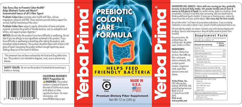 Yerba Prima Prebiotic Colon Care Formula Powder 12 oz  Natural Psyllium Fiber FOS Magnesium Selenium  NonGMO Gluten Free Vegan Daily Supplement for Men  Women - Image 5