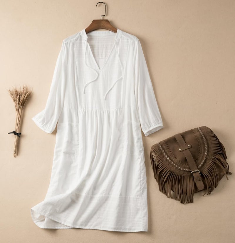 Lafural Womens V Neck Cotton Casual Loose Shift Tunic Smock Summer Dresses Vacation Dress 3/4 Sleeve Pocket White XL - Image 4