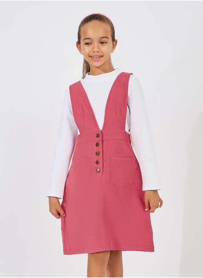 ستايلي Solid Long Sleeve T-Shirt with Pinafore Dress