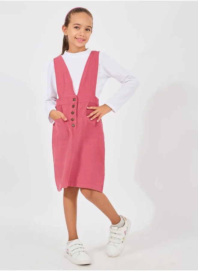 ستايلي Solid Long Sleeve T-Shirt with Pinafore Dress