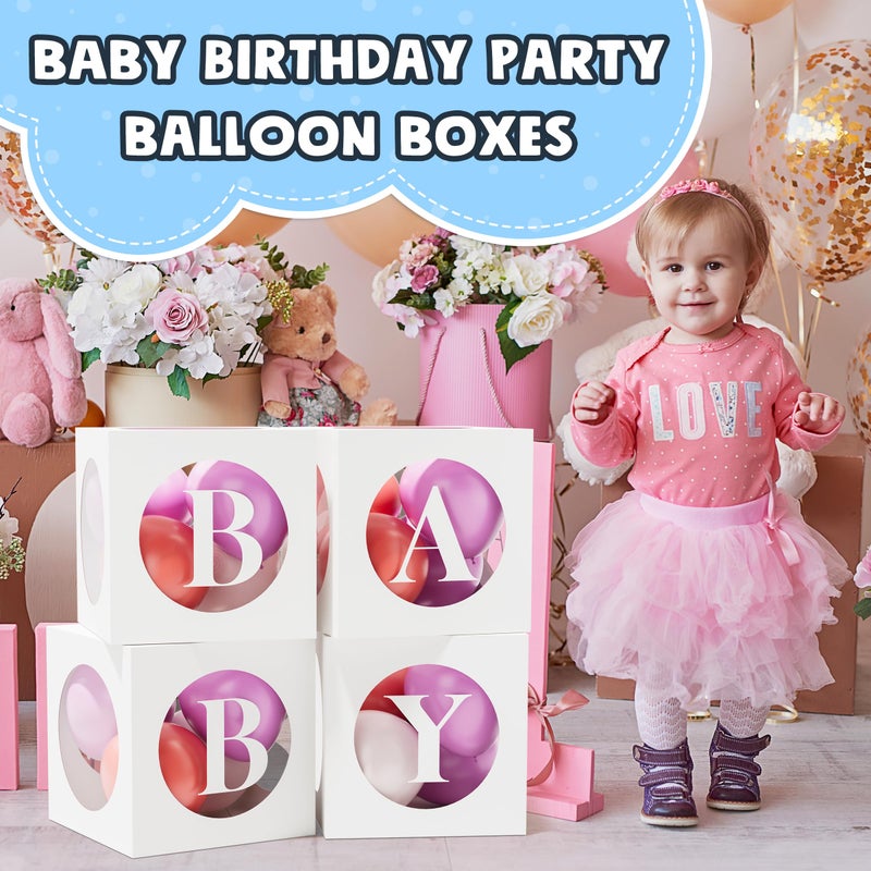 RYDDOY Baby Boxes with Letters for Baby Shower , White Clear Balloon Boxes with 4 Letter for Boy or Girl Gender Reveal Decorations, Baby Shower Decorations Blocks and Birthday Party Decor (4 Pcs) - Image 3