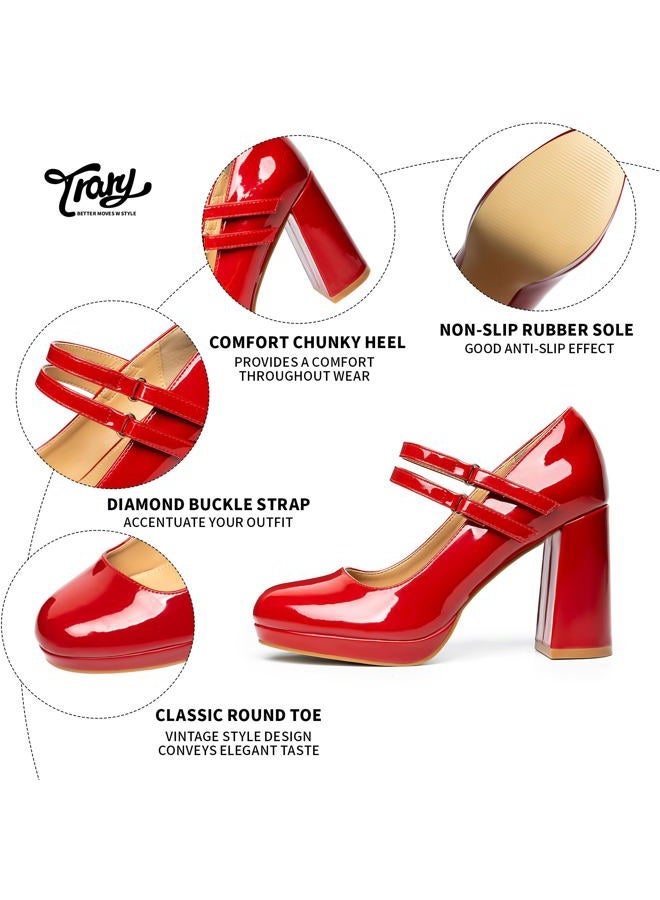 Trary Platform Mary Jane Shoes Womens Heels, Chunky Heels Mary Janes Dress Shoes for Women Close Round Toe Pumps Shoes with Buckle Strap for Office Party Casual Wedding - Image 5