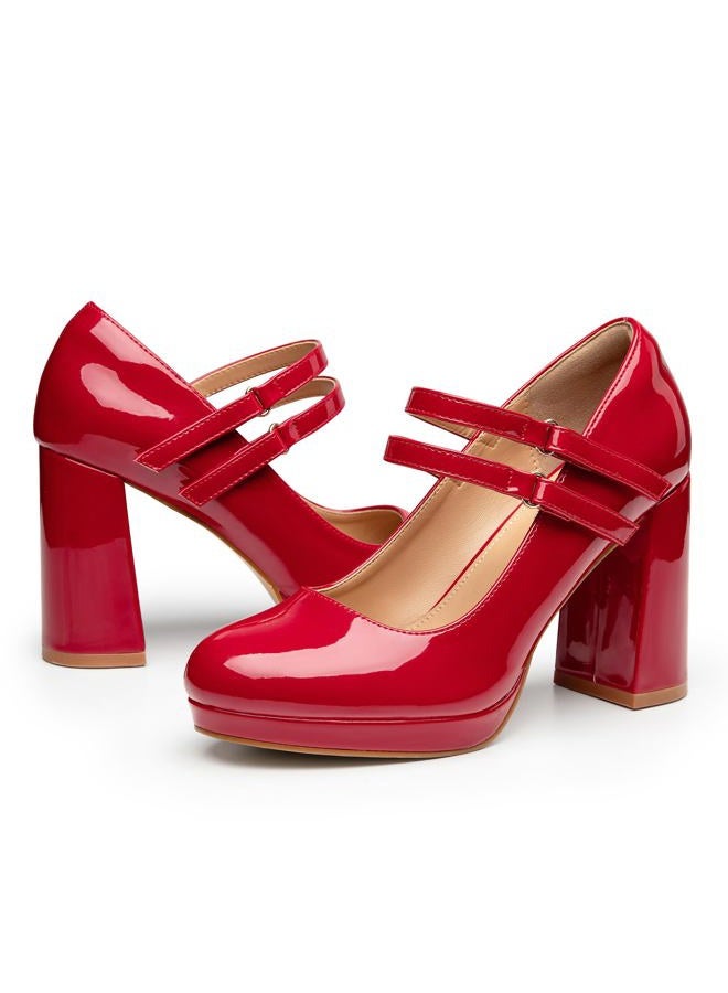 Trary Platform Mary Jane Shoes Womens Heels, Chunky Heels Mary Janes Dress Shoes for Women Close Round Toe Pumps Shoes with Buckle Strap for Office Party Casual Wedding - Image 1