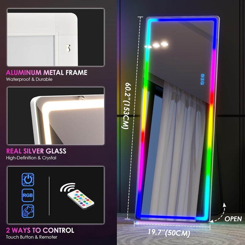مرآة LED مستطيلة كبيرة حديثة بدون إطار من LVSOMT RGB لغرفة النوم وغرفة المعيشة، أبيض - Image 3