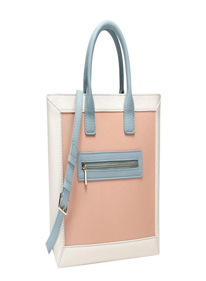Daisy Rose Tote Shoulder Bag with Front Zipper - PU Vegan Leather - PINK/CREAM/BLUE - Image 2