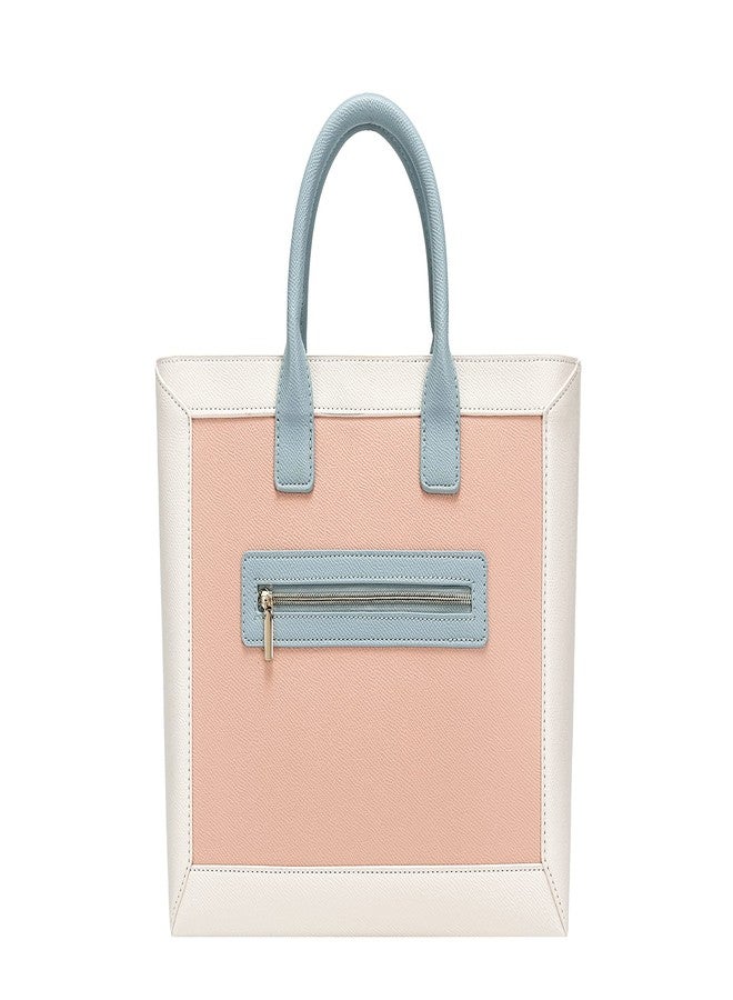 Daisy Rose Tote Shoulder Bag with Front Zipper - PU Vegan Leather - PINK/CREAM/BLUE - Image 1