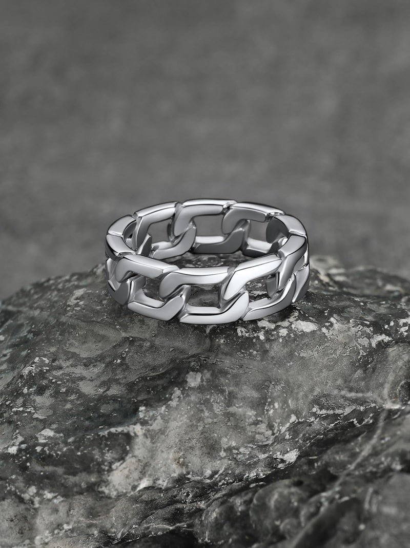 U7 Stainless Steel Mens Rings,Classic Silver Rings Cuban Link Chain Rings for Men Women Size 9 - Image 4