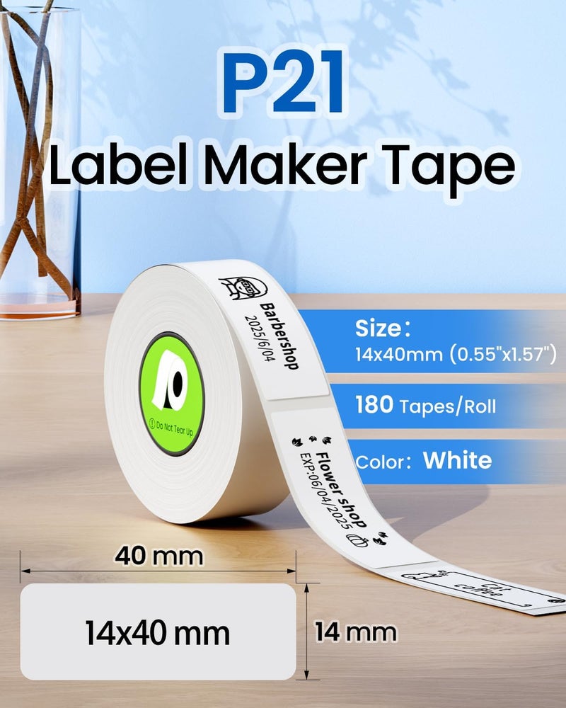 شريط طابعة الملصقات P21 المتوافق مع طابعة الملصقات Nelko P21، ورق طباعة معدل، 14x40 مم (0.55x1.57 بوصة)، بديل شريط وضع العلامات المكتبي القياسي المغلف، 180 شريطًا/لفة، 4 لفات، أبيض - Image 2