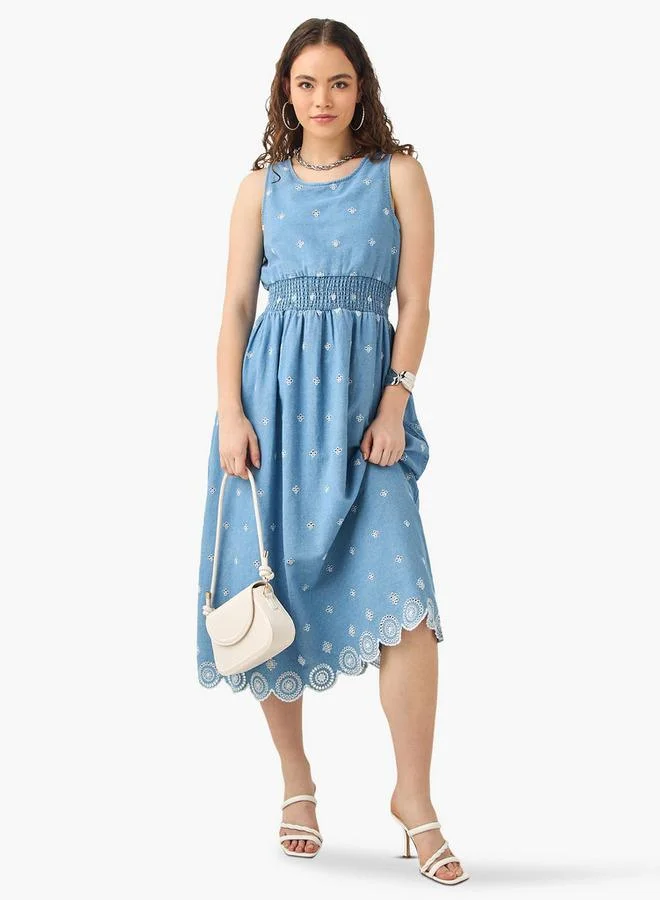 Lee Cooper Lee Cooper Schiffli Embroidered Sleeveless Cotton Dress with Smocked Detail