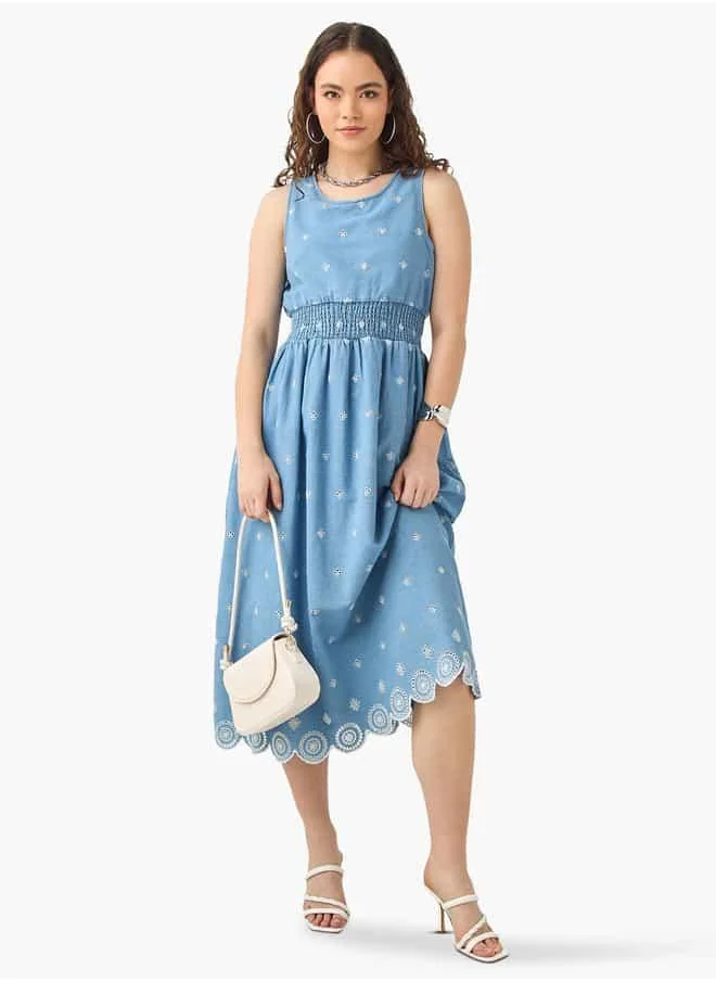 Lee Cooper Lee Cooper Schiffli Embroidered Sleeveless Dress with Smocked Detail