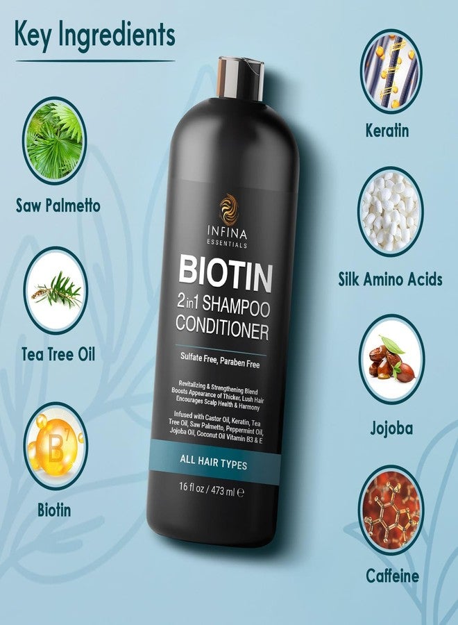 INFINA ESSENTIALS Biotin 2-in-1 Shampoo and Conditioner for Men & Women - Hair Thickening & Strengthening Shampoo with Saw Palmetto, Keratin, Caffeine & Vitamin E - Convenient Daily Use - 16 fl oz - Image 2