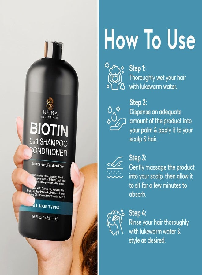INFINA ESSENTIALS Biotin 2-in-1 Shampoo and Conditioner for Men & Women - Hair Thickening & Strengthening Shampoo with Saw Palmetto, Keratin, Caffeine & Vitamin E - Convenient Daily Use - 16 fl oz - Image 4