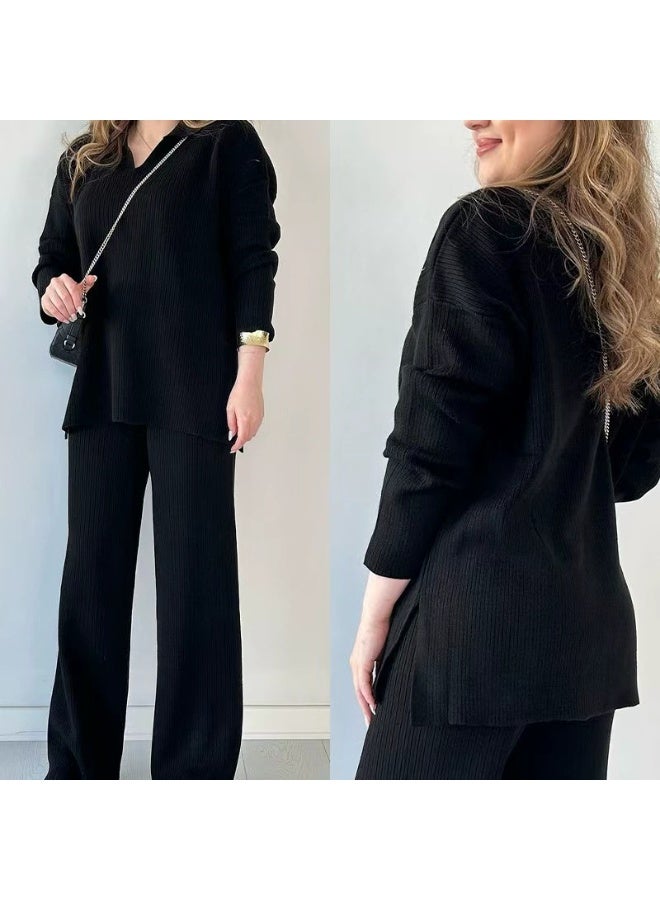 general 2025-2026 Autumn-Winter Fashion Solid Color Loose Hem Open-Weave Knit Set for Women - Image 1