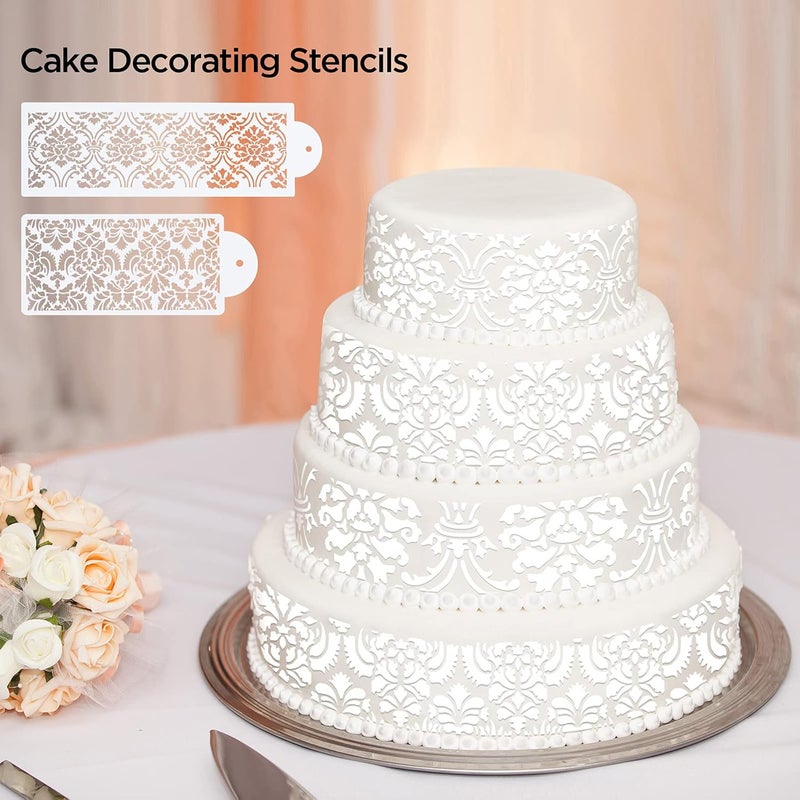 FVVMEED 2 Pieces Cupcake Stencil Cake Side Decorating Templates Powdered Sugar Sieve Template Wedding Cake Decor Flower Edge Molding, Lace Decoration Stencils Food Grade Plastic Mold Baking Tool - Image 2