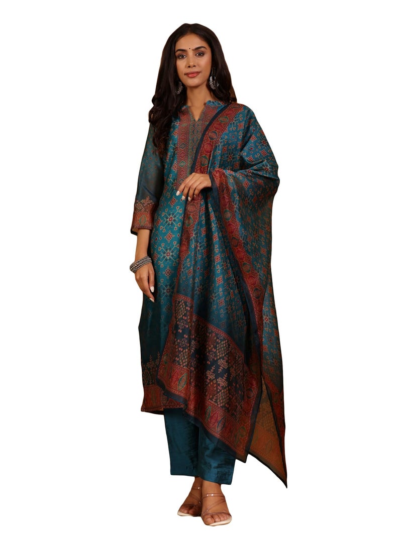 Varanga Ethnic Patola Printed,Straight Kurta With Solid Bottom And Printed Dupatta - Image 1