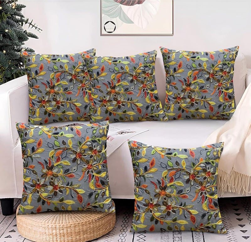 K.S. CRAFT KSCRAFT Kashmiri Fabric Throw Pillow CoverCushion CoverSet of 5 PCSSize16x16 INCH40x40 CMSColorSilver - Image 1