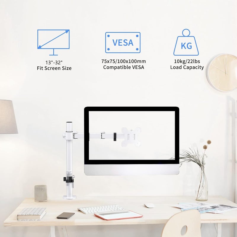 Suptek Single Monitor Arm Desk Mount Fully Adjustable Monitor Stand for 1 / One Screen up to 13" to 32" Extra Tall 15.75 inch Pole,VESA 75x75mm or 100x100mm,White (MD9421W) - Image 2