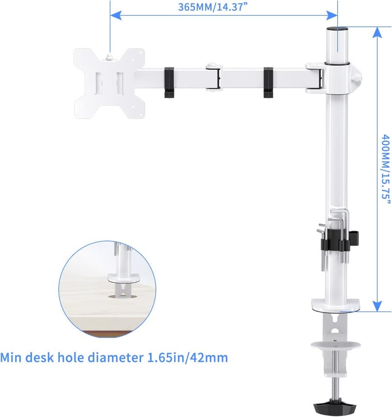 Suptek Single Monitor Arm Desk Mount Fully Adjustable Monitor Stand for 1 / One Screen up to 13" to 32" Extra Tall 15.75 inch Pole,VESA 75x75mm or 100x100mm,White (MD9421W) - Image 4