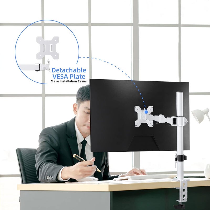 Suptek Single Monitor Arm Desk Mount Fully Adjustable Monitor Stand for 1 / One Screen up to 13" to 32" Extra Tall 15.75 inch Pole,VESA 75x75mm or 100x100mm,White (MD9421W) - Image 5