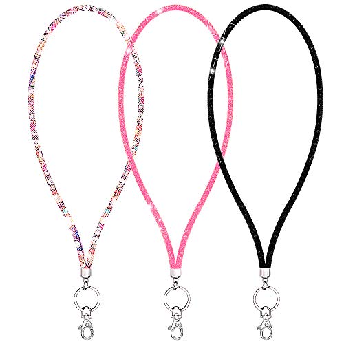 Ascrafter Bling Crystal Lanyard Strap with Metal Clasp & Keyring, Rhinestone Neck Lanyard for Women, ID Card & Keys Strap - 3 Pack(Black+Pink+Multicolor) - Image 1