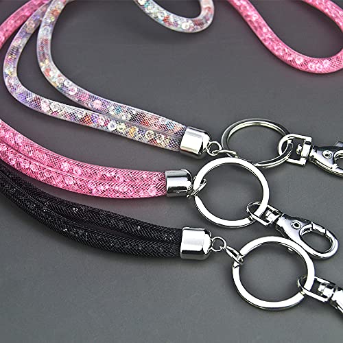 Ascrafter Bling Crystal Lanyard Strap with Metal Clasp & Keyring, Rhinestone Neck Lanyard for Women, ID Card & Keys Strap - 3 Pack(Black+Pink+Multicolor) - Image 4