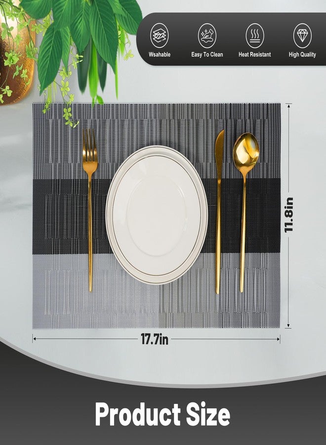 flohar Placemats Set of 6，Non-Slip PVC Weave Table Mats Easy to Clean，Heat Resistant Place Mats for Kitchen Dining Table Decoration Indoor Outdoor，Black Gray - Image 2