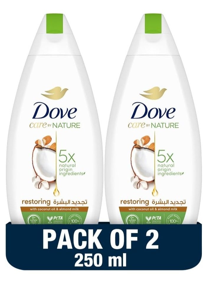 دوف غسول الجسم دوف كير باي نيتشر ريستورينغ، بتقنية مزيج التجديد، جوز الهند واللوز، مع ربع كريم مرطب، 250 مل × 2