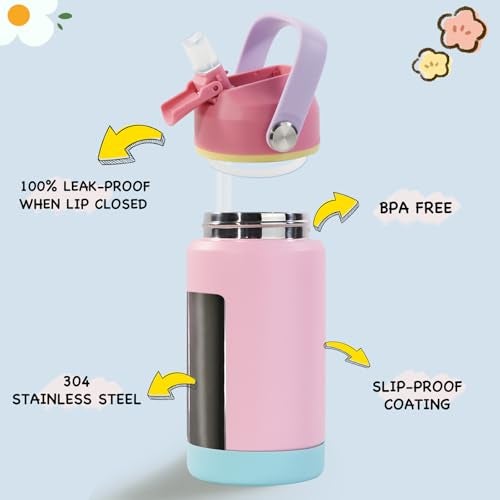 Kerilyn 12oz Insulated Water Bottle, Stainless Steel Insulated Kids Water Bottle, Toddler Cup with Straws Leak-Proof, Kids Water Bottles for School Boys Girls, BPA Free, Charm Pink - Image 2