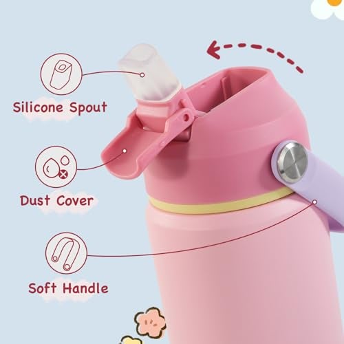 Kerilyn 12oz Insulated Water Bottle, Stainless Steel Insulated Kids Water Bottle, Toddler Cup with Straws Leak-Proof, Kids Water Bottles for School Boys Girls, BPA Free, Charm Pink - Image 3