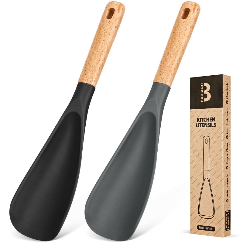 Badiano Cooking Spoon for Nonstick Cookwares, Great for Cooking and Serving Sturdy BPA-Free Matte Silicone, Wood Handle Spoon for Mixing, Scoop, and Scrape (Black & Grey, 11.4 inch) - Image 1