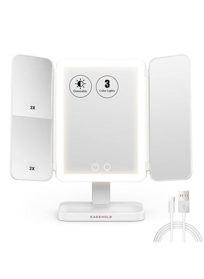 Lighted Makeup Mirror, Rechargeable Magnifying Mirror with Lights 1X/2X/3X, 3-Color Light Trifold Vanity Mirror, 64 LEDs, Adjustable Brightness Cosmetic Mirror for Tabletop, Bathroom, White