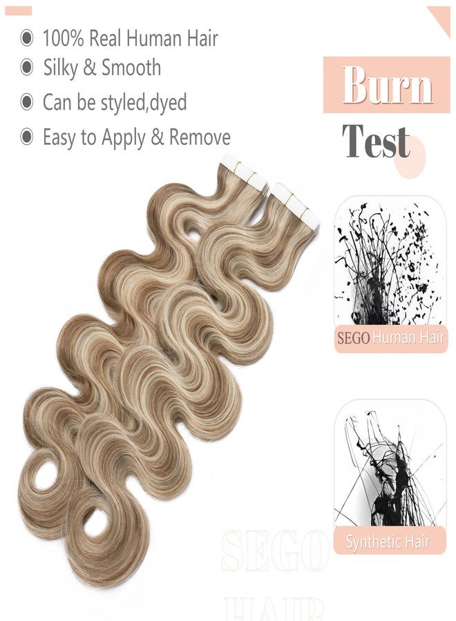 SEGO Wavy Tape In Hair Extensions Human Hair 20pcs 50g 22 Inch Blonde Highlighted Balayage Remy Body Wave Human Hair Tape In Extensions for Women -#P12/613 Golden Brown& Bleach Blonde - Image 2