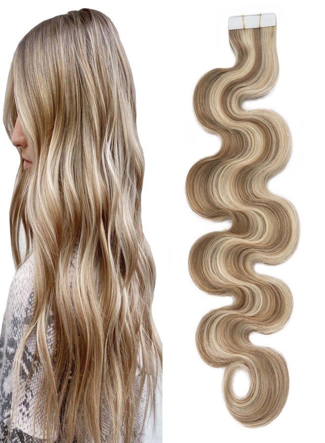 SEGO Wavy Tape In Hair Extensions Human Hair 20pcs 50g 22 Inch Blonde Highlighted Balayage Remy Body Wave Human Hair Tape In Extensions for Women -#P12/613 Golden Brown& Bleach Blonde - Image 1