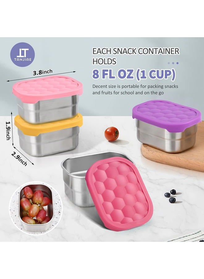 Tanjiae 4Pack Small (1 CUP) 8oz Stainless Steel Snack Containers for Kids | Reusable Easy Open Toddler Snack Containers with Silicone Lids | Stackable Toddler Lunch Box for Daycare, School and Travel - Image 4